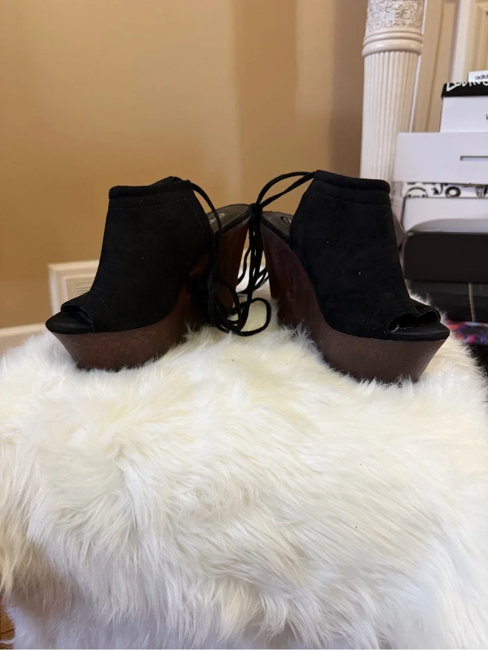 Black Suede Lace-Up Platform Wedge Heels